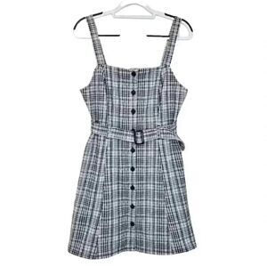 SO Women's White & Black Plaid Stretchy Poly/Rayon/Spandex Button Front Belted P